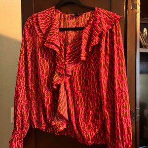 Beautiful pink & copper, ruffle, balloon sleeve blouse